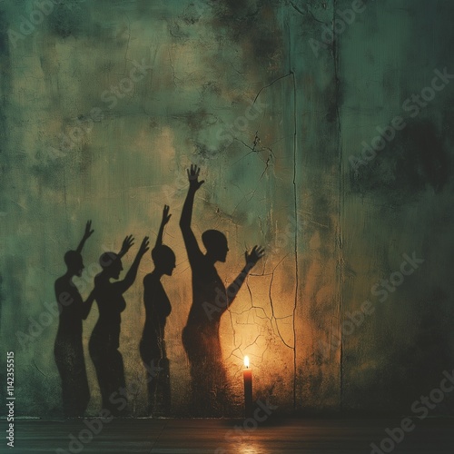 Shadow Figures Seeking Light: A haunting and evocative image of five shadowy figures reaching towards a single candle flame on a textured wall. The scene is dark, mysterious.