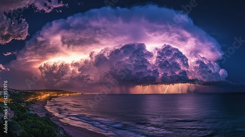 Oceanic superstorm in its full fury, with lightning illuminating the clouds and rain pouring in sheets over the sea photo