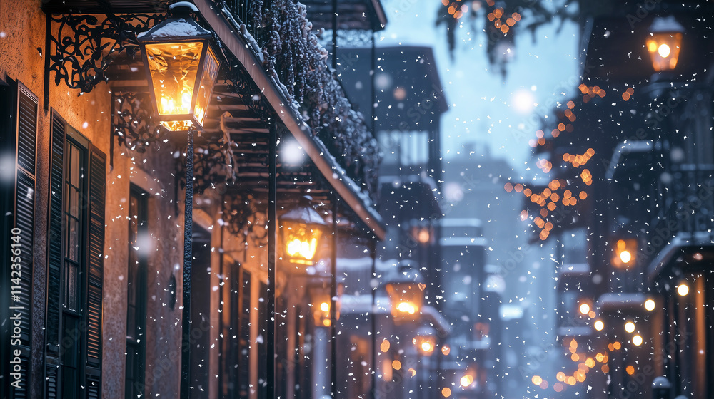 Obraz premium New Orleans French Quarter Winter Setting Christmas Time with Fairy Tale Snow