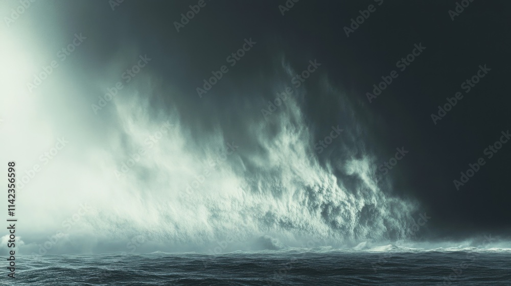 Obraz premium Superstorm over the ocean with a visible eyewall and cloud formations that extend across hundreds of miles.