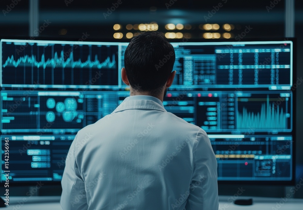 Scientist Analyzing Data on Multiple Screens in Modern Laboratory Scientist Analyzing Data on Multiple Screens in Modern Laboratory