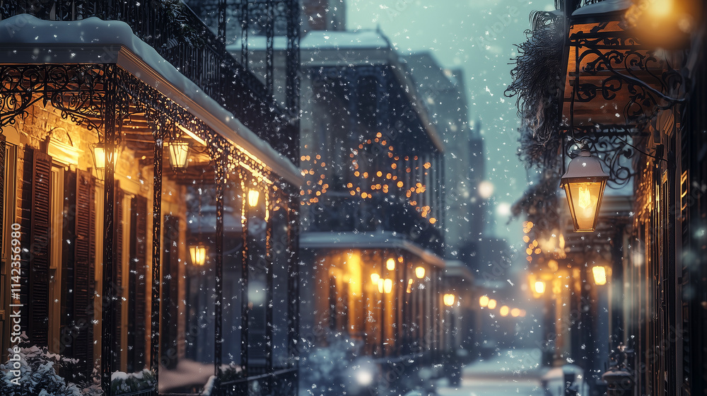Naklejka premium New Orleans French Quarter Winter Setting Christmas Time with Fairy Tale Snow