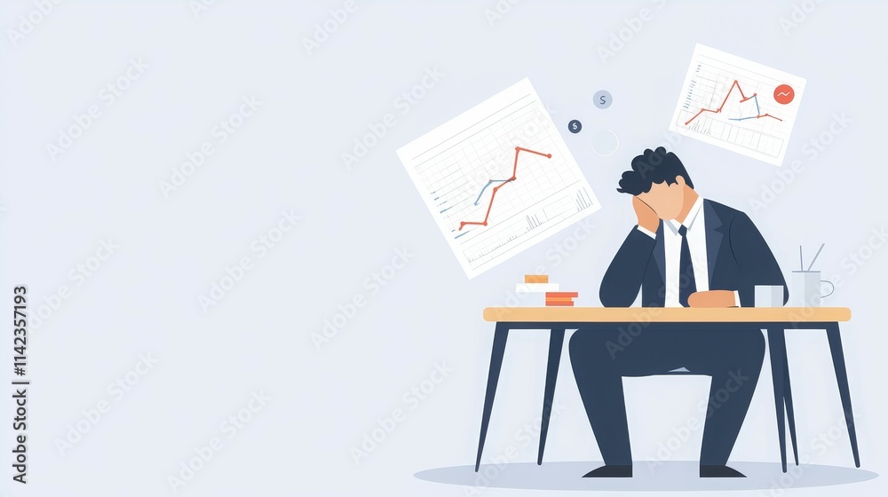 A stressed businessman sits at a desk, overwhelmed by financial graphs and data. A stressed businessman sits at a desk, overwhelmed by financial graphs and data.