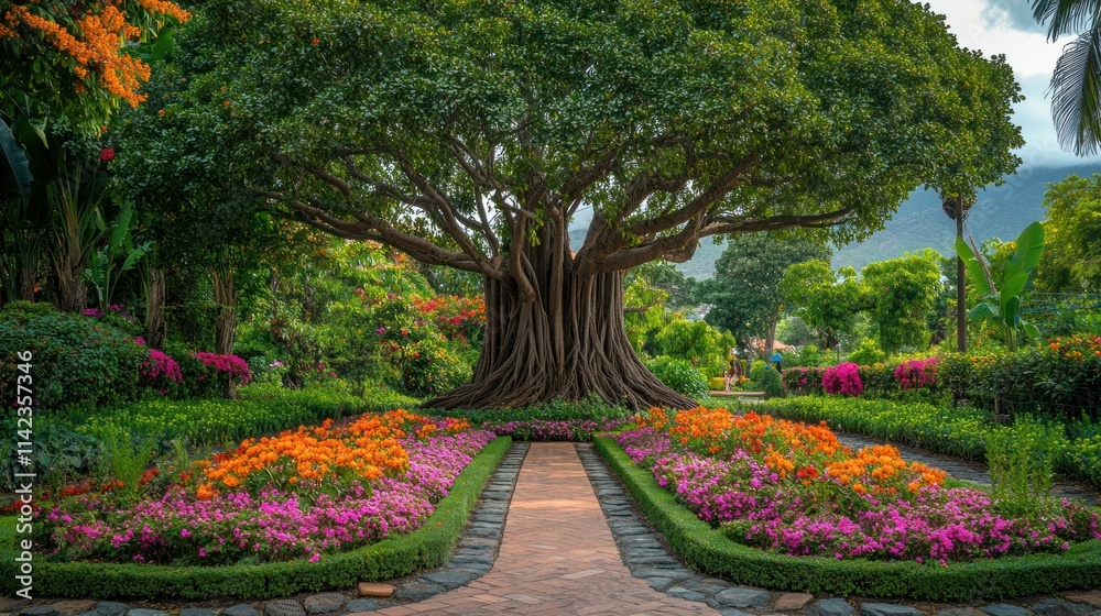 Naklejka premium Wide view of the Ficus Macrophylla Columnaris surrounded by vibrant flowers and shrubs in the peaceful garden of La Orotava.