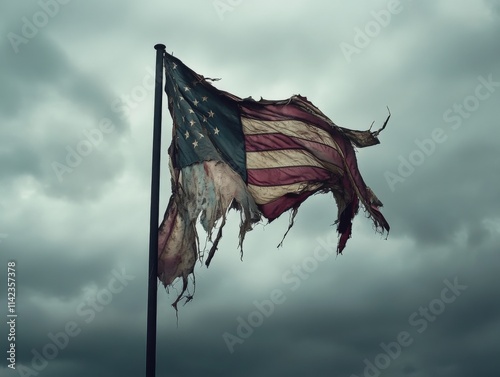 tattered american flag flying against a stormy sky