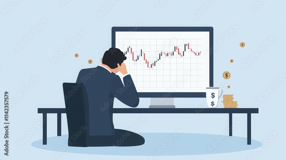 A stressed businessman analyzing stock market data on a computer.