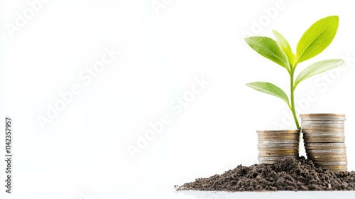 A plant growing from coins symbolizes financial growth and sustainability.