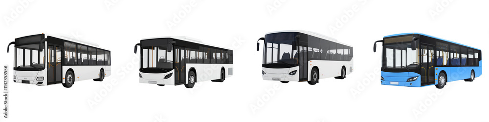 Fleet of modern public transportation buses in the urban city environment providing commuting and travel services for passengers Fleet of modern public transportation buses in the urban city environment providing commuting and travel services for passengers