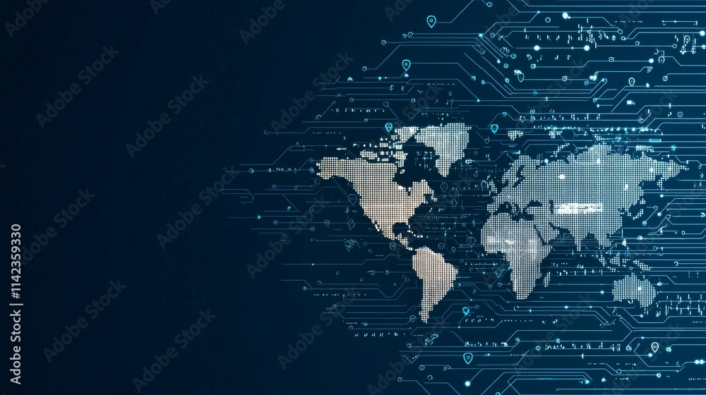 A digital world map with circuit patterns, symbolizing technology and connectivity. A digital world map with circuit patterns, symbolizing technology and connectivity.