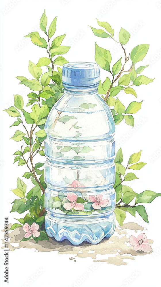 Recycle sustainability watercolor. A plastic water bottle surrounded by green leaves and flowers in a serene setting. Recycle sustainability watercolor. A plastic water bottle surrounded by green leaves and flowers in a serene setting.
