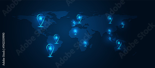 Global network security concept. Abstract map of the world with multiple security padlock icons, Cyber ​​Secure Location GPS