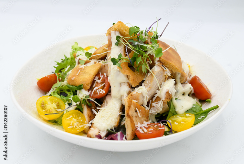 Ensalada César con pollo y verduras sobre un fondo blanco en el restaurante