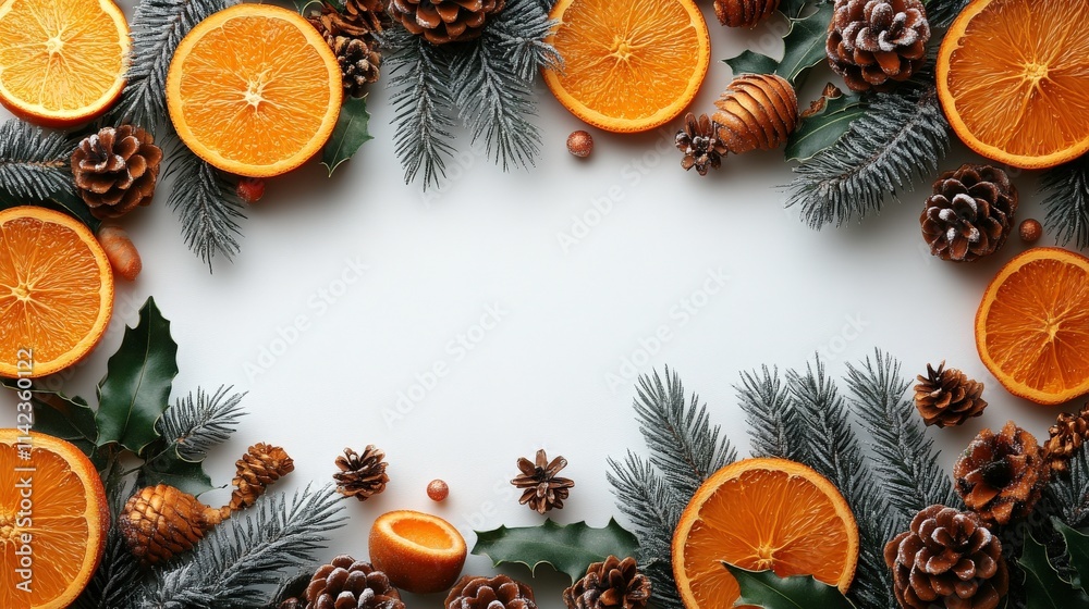 Festive Winter Background Featuring Pine Cones, Dried Oranges, and Evergreen Foliage for Holiday Celebrations and Seasonal Decor Inspiration Festive Winter Background Featuring Pine Cones, Dried Oranges, and Evergreen Foliage for Holiday Celebrations and Seasonal Decor Inspiration