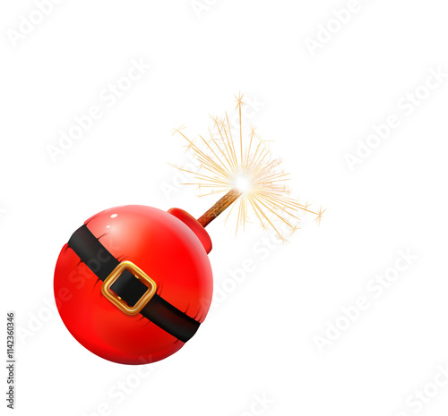 Photography Red Christmas ball decorated Santa Claus belt realistic bomb with burning fuse, emitting sparks