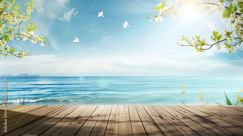 Fototapeta premium Enchanting Spring Seaside Backdrop: Azure Waves, Golden Sands, Seagulls Soaring, Beachcombing, Sunlit Shores, Coastal Breezes, Seashell Treasures, Vacation Vibe, Ocean Horizon, Dune Landscapes & More