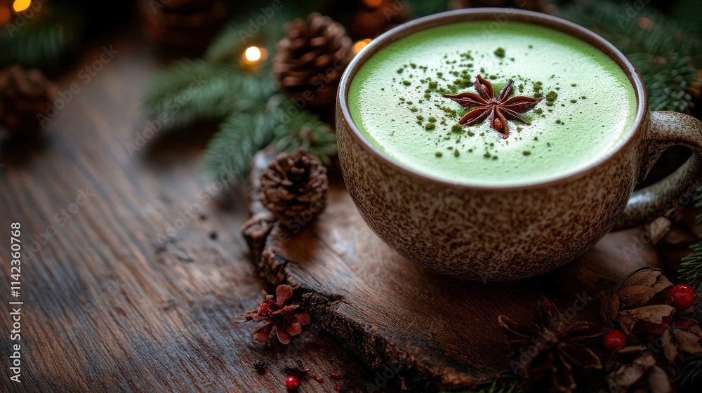 Fototapeta premium Festive matcha latte in a mug, decorated with anise star and matcha powder, on a wooden surface surrounded by pine cones and sprigs of Christmas trees.