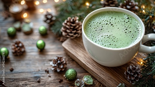 Festive matcha latte in a white mug, surrounded by Christmas ornaments, pine cones, and fairy lights on a rustic wooden table.