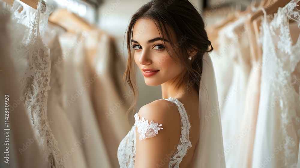 Naklejka premium A bride surrounded by wedding dresses hanging on racks, thoughtfully selecting her favorite styles