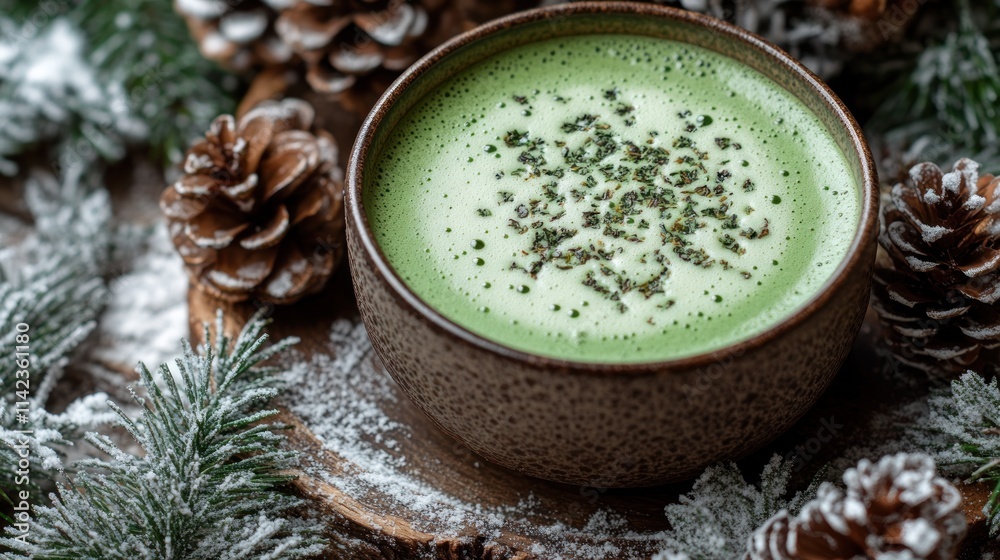 Festive matcha latte in a mug, surrounded by pine cones and snowy branches. Festive matcha latte in a mug, surrounded by pine cones and snowy branches.