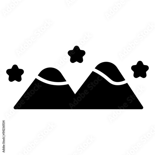 Vector illustration of snowy mountains under a starry night sky. The design features sharp peaks capped with snow and a serene atmosphere, perfect for nature, adventure, or travel-themed projects."