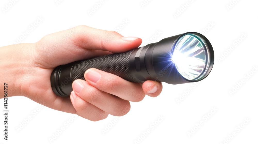 Hand holding flashlight, isolated on transparent background Hand holding flashlight, isolated on transparent background