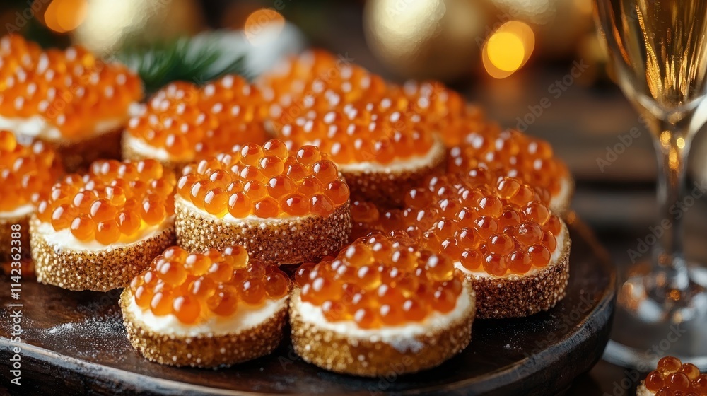 Festive red caviar canap?s on wooden board. Festive red caviar canap?s on wooden board.
