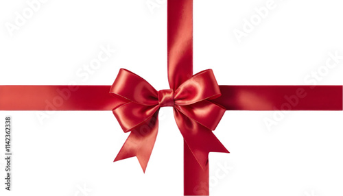 Red satin gift ribbon and bow isolated on transparent background, ideal for holiday celebrations like Christmas, birthdays, and Valentine's Day. 