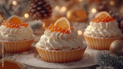 Festive orange cupcakes with cream and caviar.