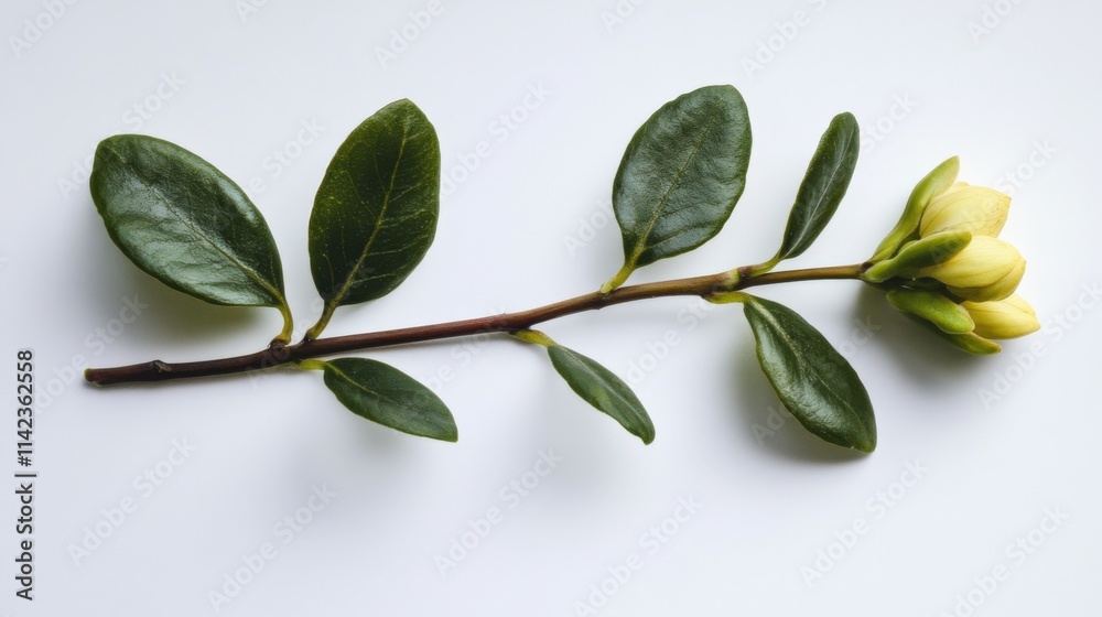 Naklejka premium branch with green leaves and a yellow flower