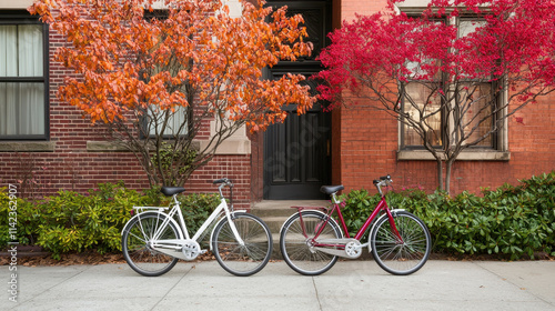 Bicycles parked beside vibrant autumn trees in city setting, showcasing blend of white and red bikes against colorful foliage photo