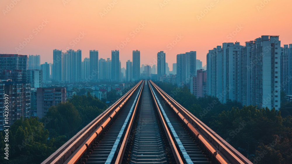stunning view of railway track leading into city skyline at sunset, showcasing modern architecture and vibrant colors. scene evokes sense of urban exploration and innovation stunning view of railway track leading into city skyline at sunset, showcasing modern architecture and vibrant colors. scene evokes sense of urban exploration and innovation