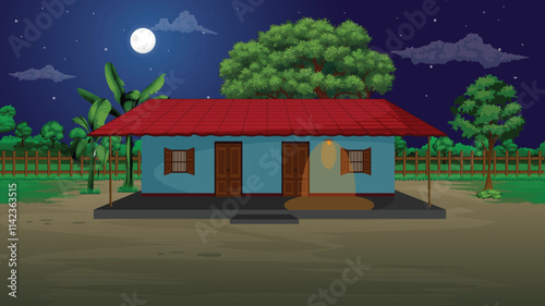 A cartoon illustration of night village house vector design