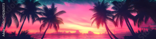 Palms silhouettes at neon sunset sky. Night landscape with palm trees on beach. Creative trendy summer tropical background. Vacation travel concept. Retro, synthwave, retrowave style. Rave party