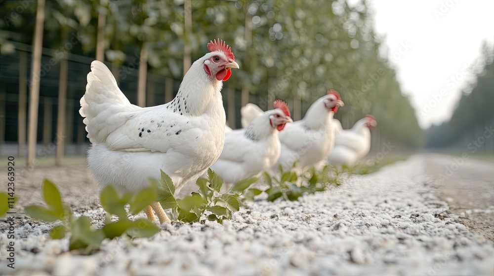 Bright sunlight illuminates a group of chickens in an outdoor pen, showcasing their vibrant feathers and lively expressions amidst green trees Bright sunlight illuminates a group of chickens in an outdoor pen, showcasing their vibrant feathers and lively expressions amidst green trees