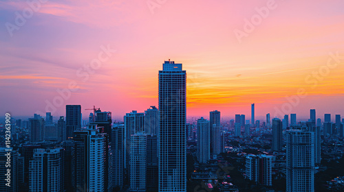 Stunning city skyline at sunset with vibrant colors and tall buildings. urban landscape showcases modern architecture against beautiful twilight sky