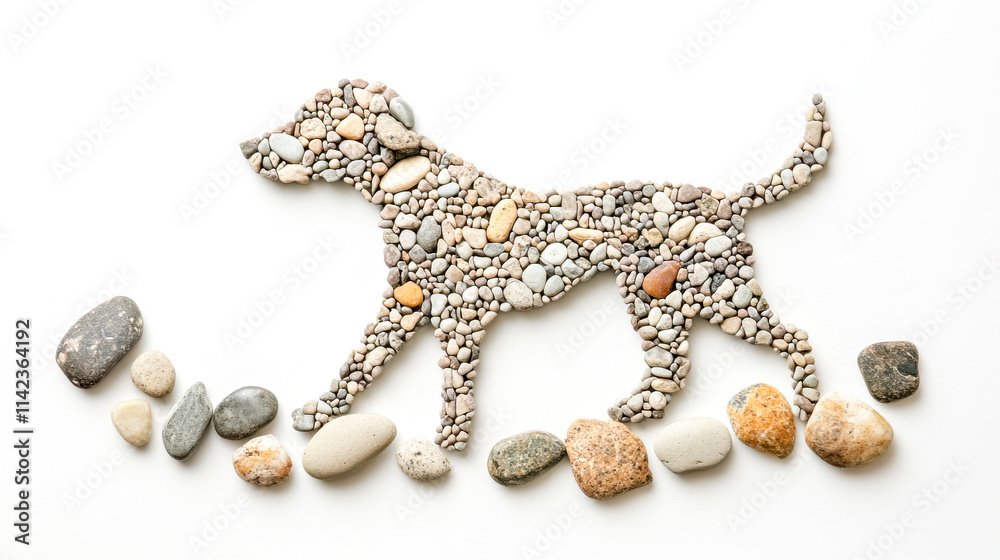 Obraz premium Dog figure formed from tiny pebbles and stones walking on white background