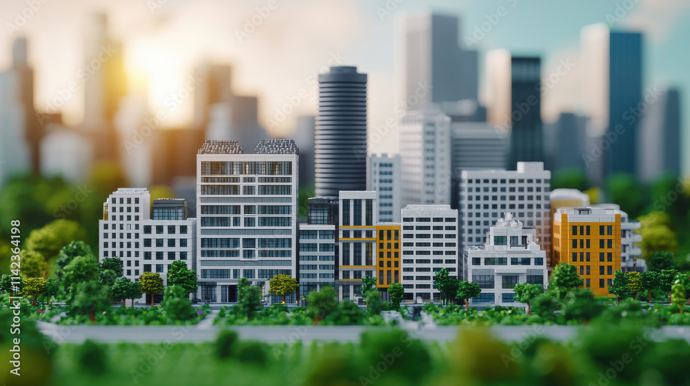 Obraz premium Modern city skyline with buildings, greenery, and sunset