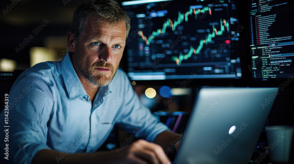 focused man working on laptop in dark office with stock market charts focused man working on laptop in dark office with stock market charts
