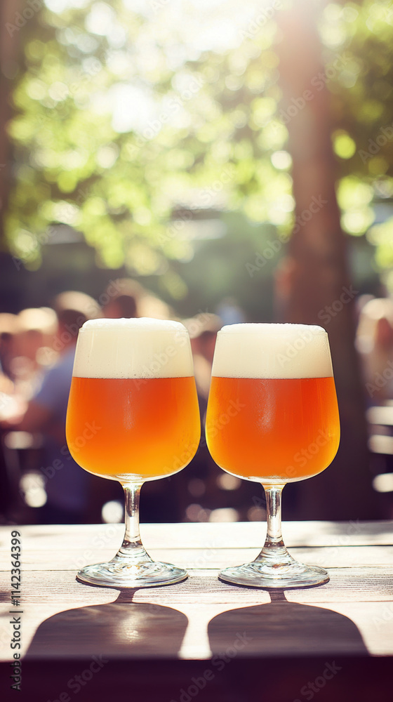 Frothy beer in elegant glasses, enjoying sunny outdoor setting Frothy beer in elegant glasses, enjoying sunny outdoor setting