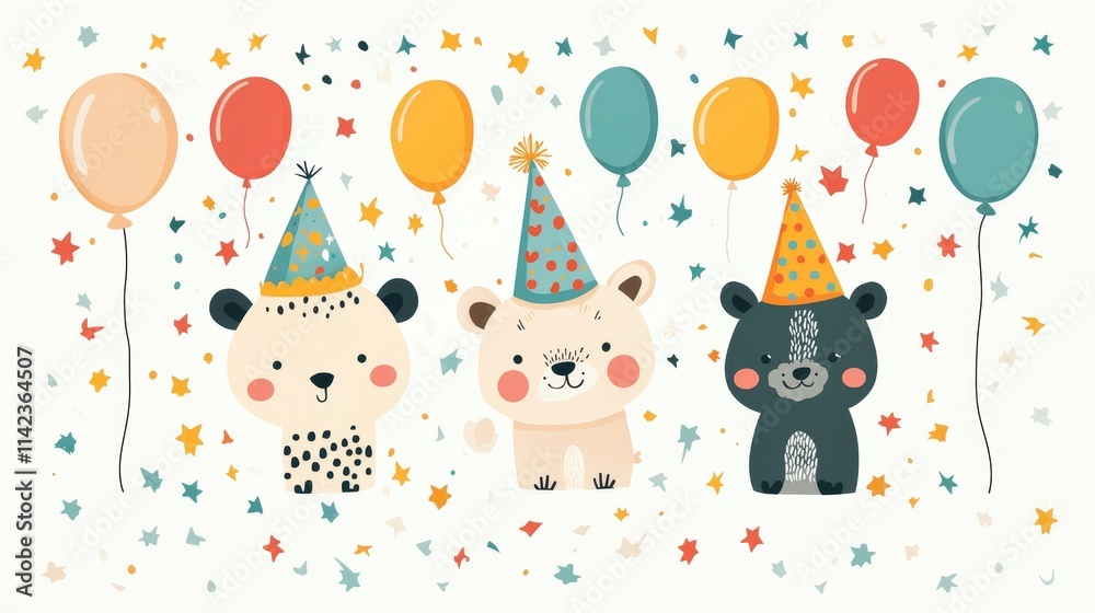 Fototapeta premium Cute party bears with balloons and confetti celebrating a festive occasion