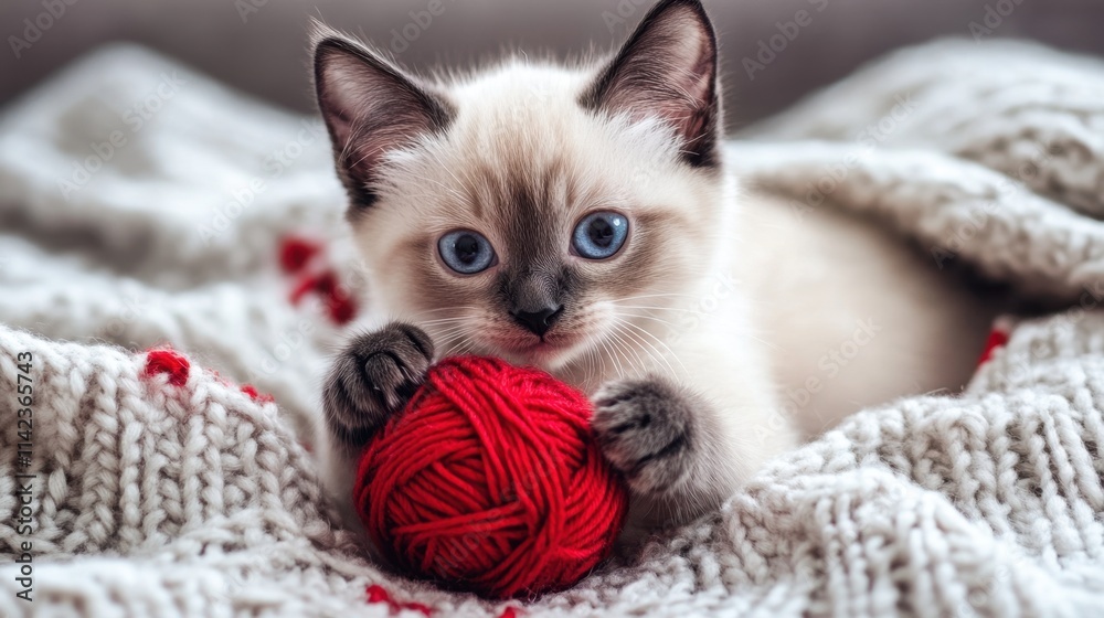 Naklejka premium Cute kitten playing with red yarn ball on cozy knitted blanket
