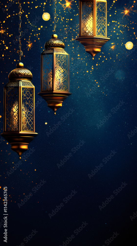 Glowing ornate golden lanterns illuminating the night sky during the holy month of ramadan Glowing ornate golden lanterns illuminating the night sky during the holy month of ramadan