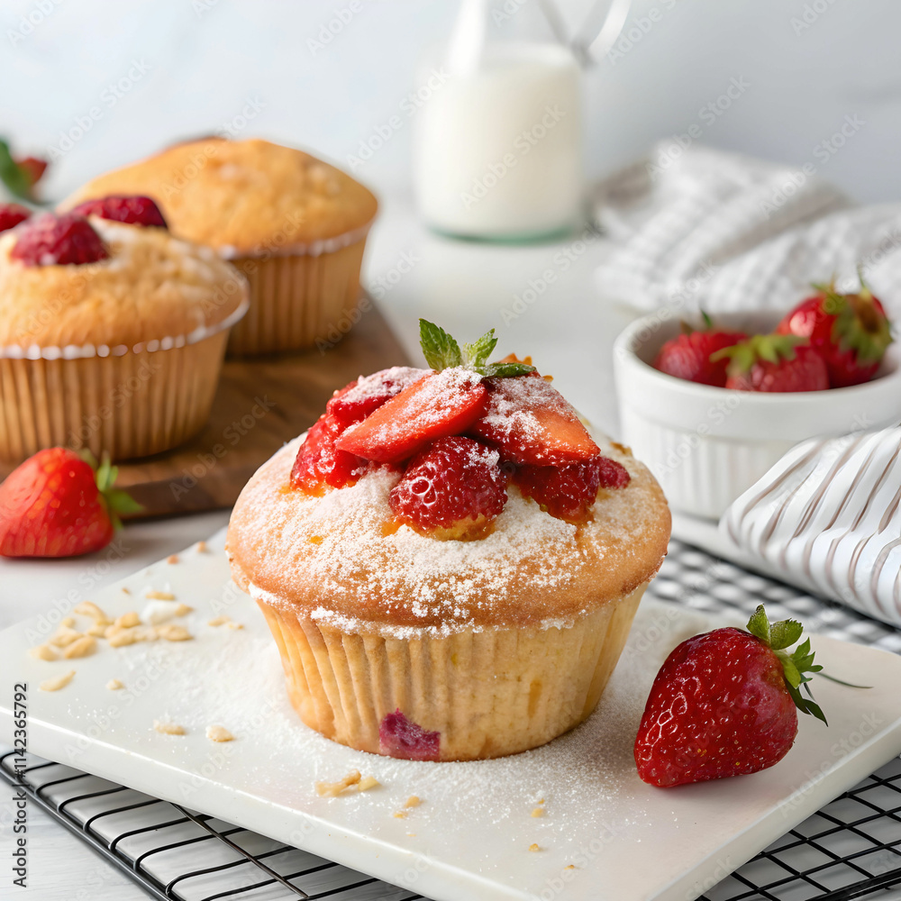 A delicious strawberry muffin, soft and moist, bursting with fresh strawberries, A delicious strawberry muffin, soft and moist, bursting with fresh strawberries,