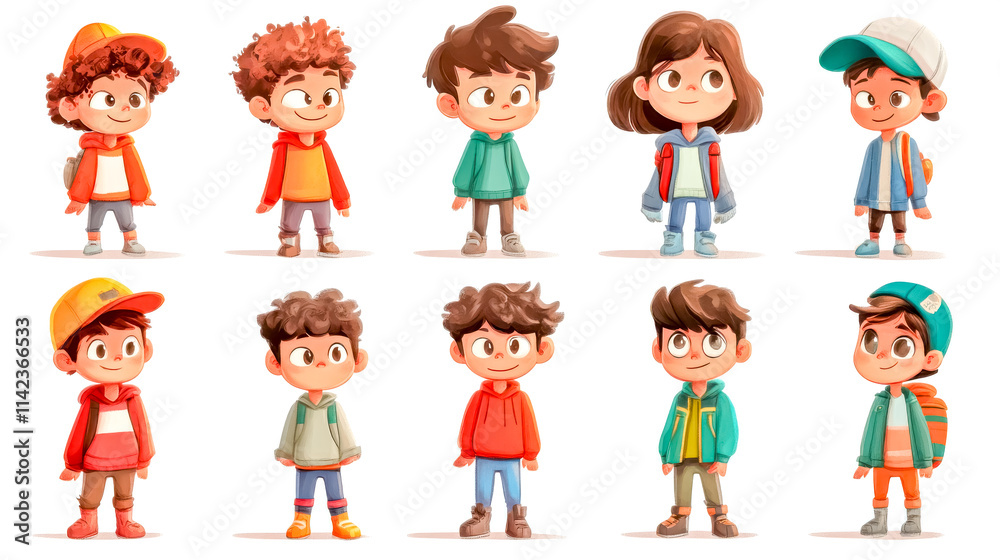 Ten happy cartoon children wearing casual clothes and backpacks Ten happy cartoon children wearing casual clothes and backpacks