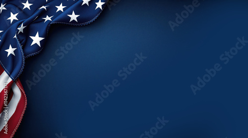 American flag on dark blue background with copy space, 2024 US presidential election, american national holiday, July 4, Veteran or memorial day patriotic banner photo