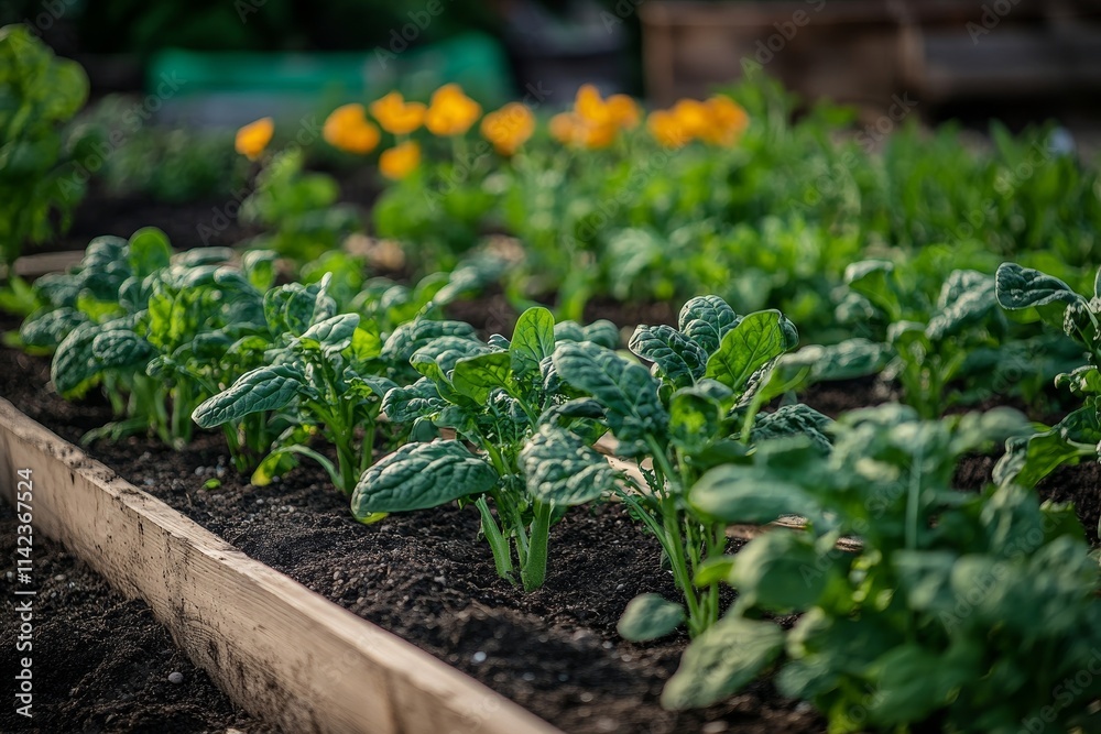 Spinach plants growing in the vegetable garden, Generative AI Spinach plants growing in the vegetable garden, Generative AI