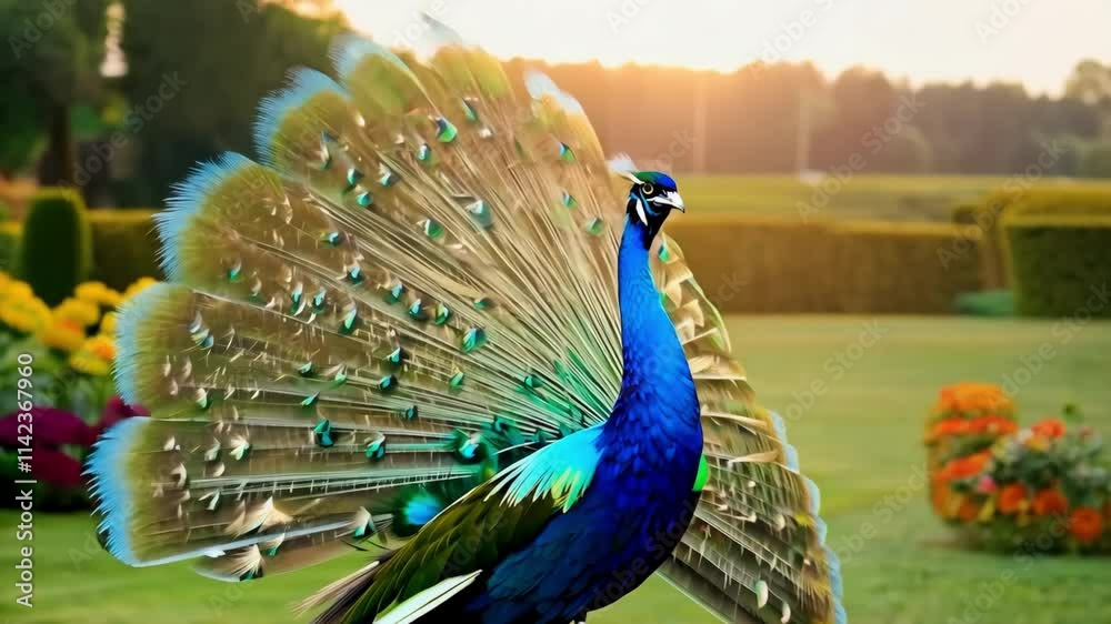 A peacock is walking in a garden with flowers. The peacock is the main focus of the image, and the flowers are in the background. Scene is peaceful and serene, as the peacock walks through the garden
