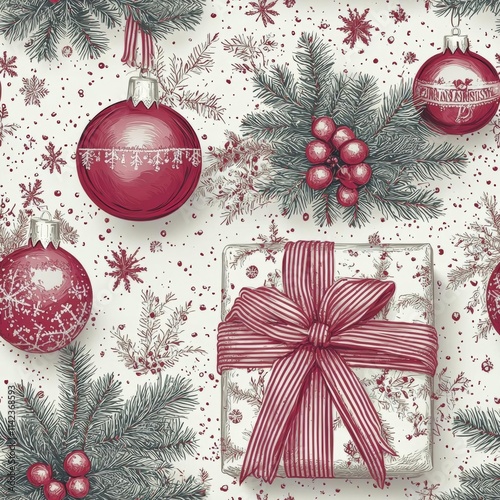 hyper realistic photo of   A Christmas toile pattern with a red and white color scheme , isolated on white background,  , copy space, copy space for text,