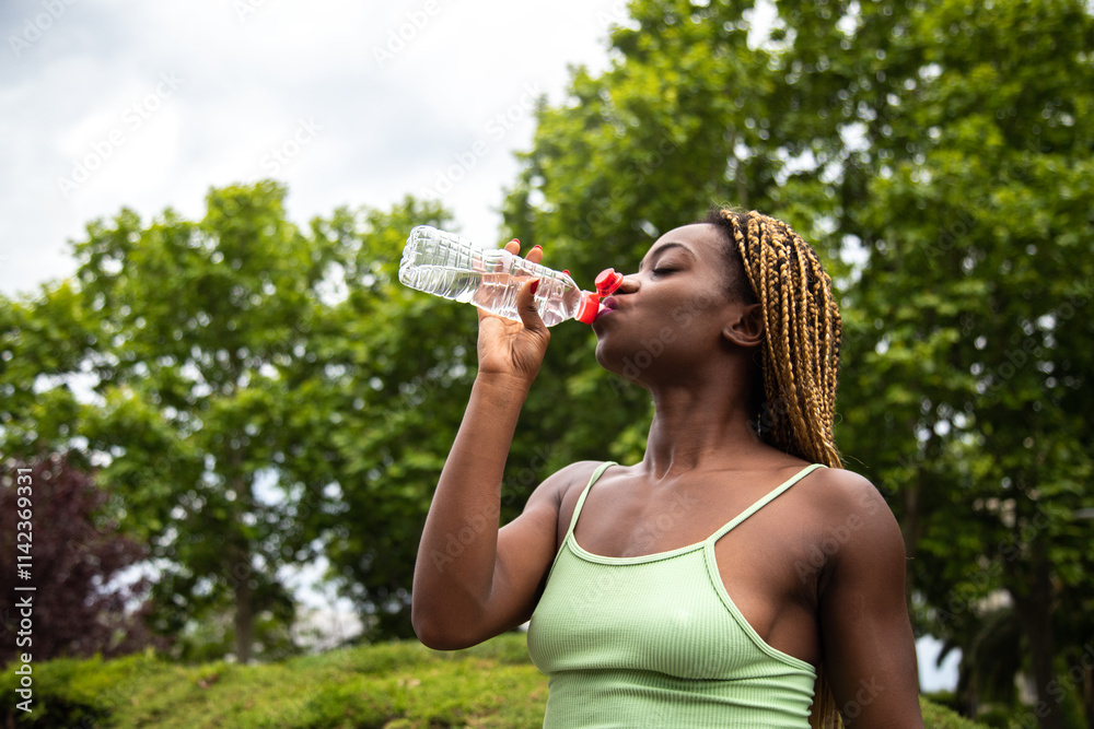 African American female jogger taking a break to hydrate. Woman drinking water after exercising and running outdoors. African American female jogger taking a break to hydrate. Woman drinking water after exercising and running outdoors.