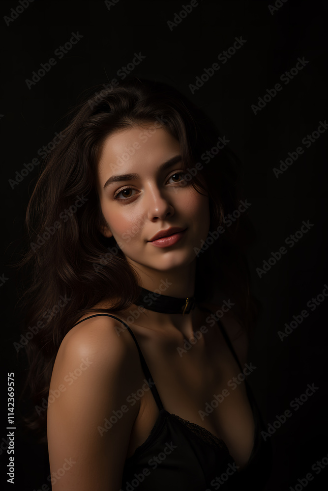 A beautyful woman wearing a black choker and a black top with thin straps. The background is dark A beautyful woman wearing a black choker and a black top with thin straps. The background is dark